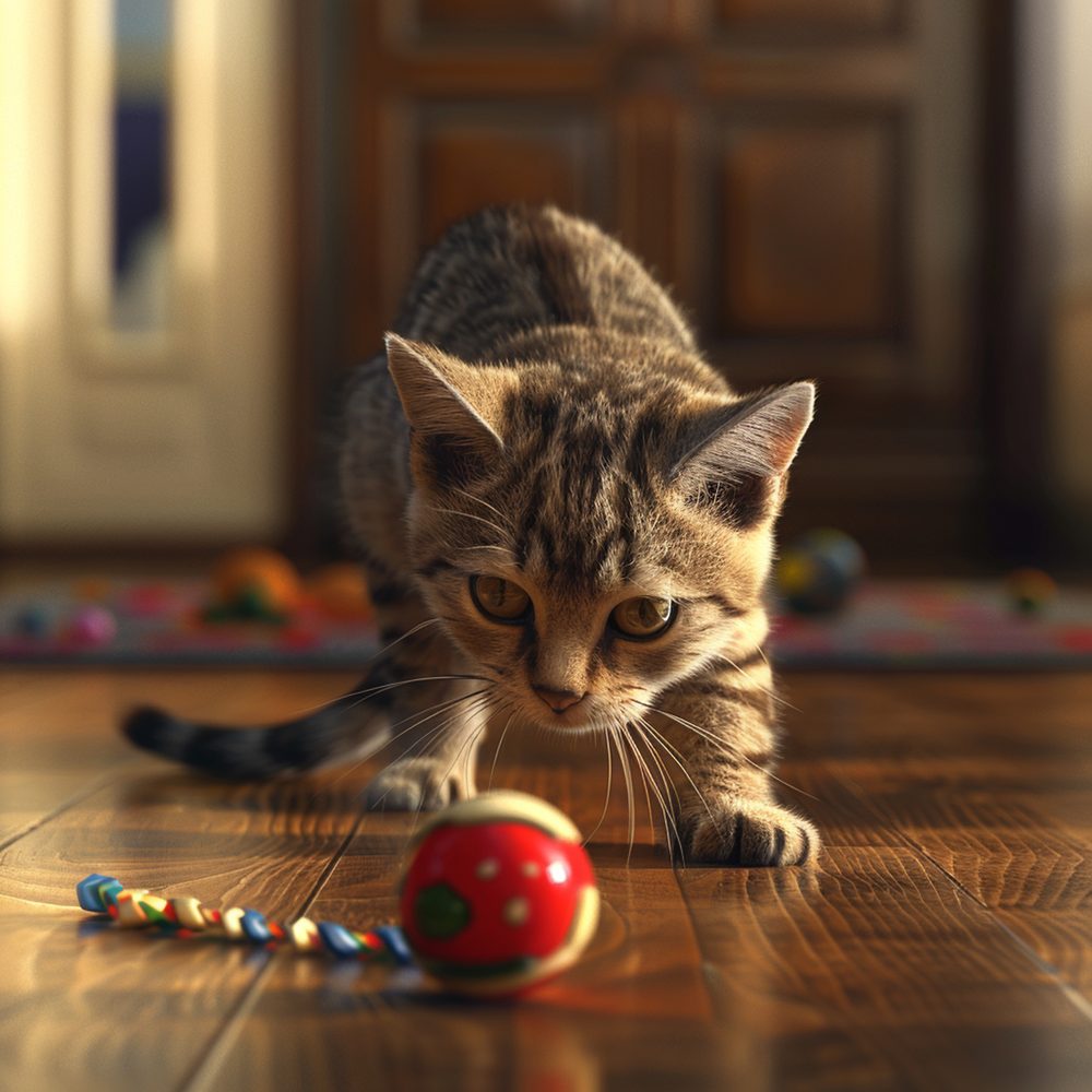 Chat assis devant plusieurs jouets, semblant préférer les observer plutôt que les attraper.