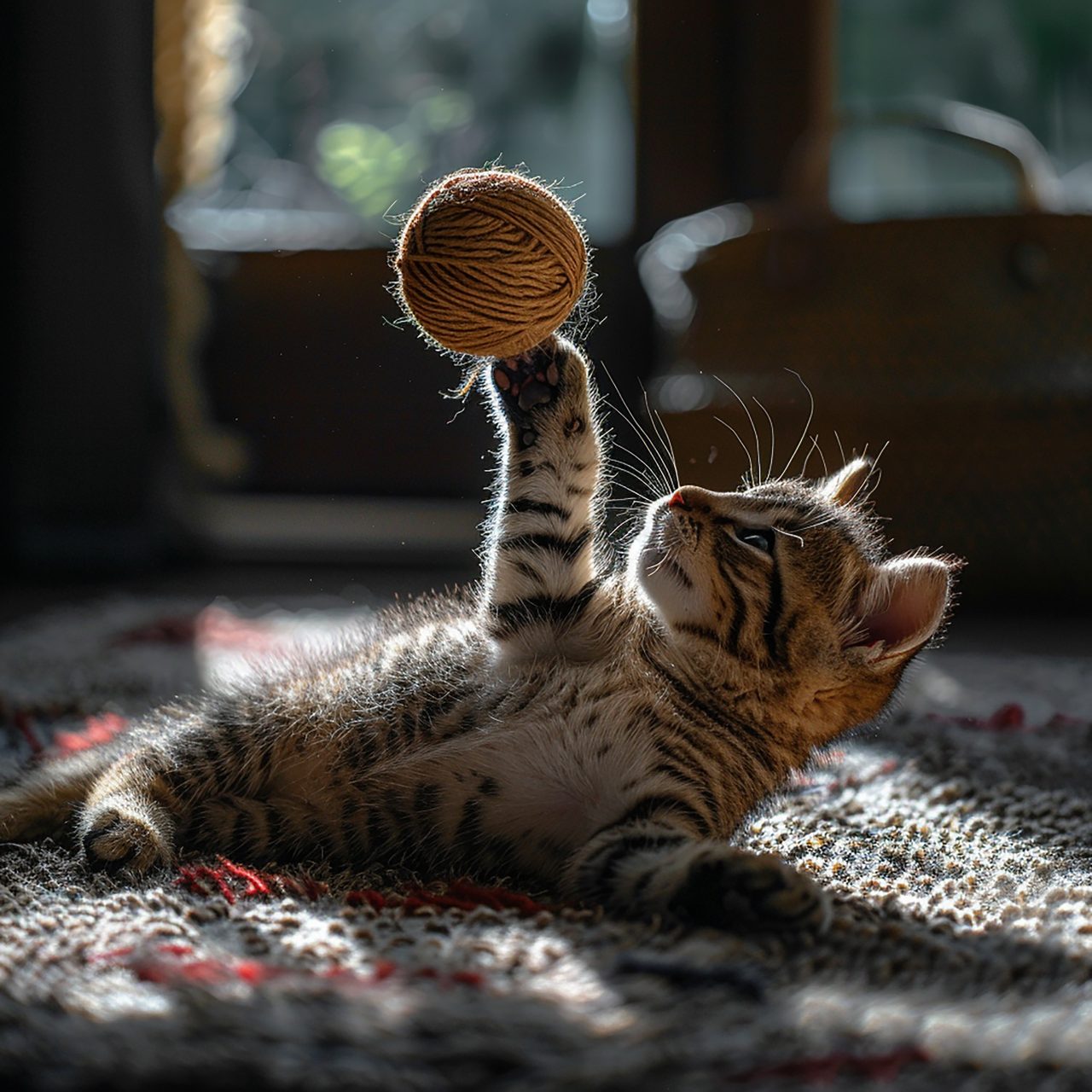 Gros plan sur un chat qui attrape un jouet à grelot avec sa patte.
