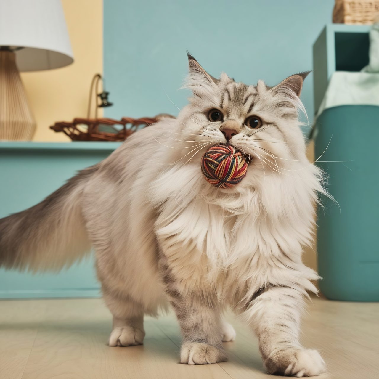 Chat Norvégien jouant avec un jouet solide conçu pour résister aux coups de griffes et aux morsures.