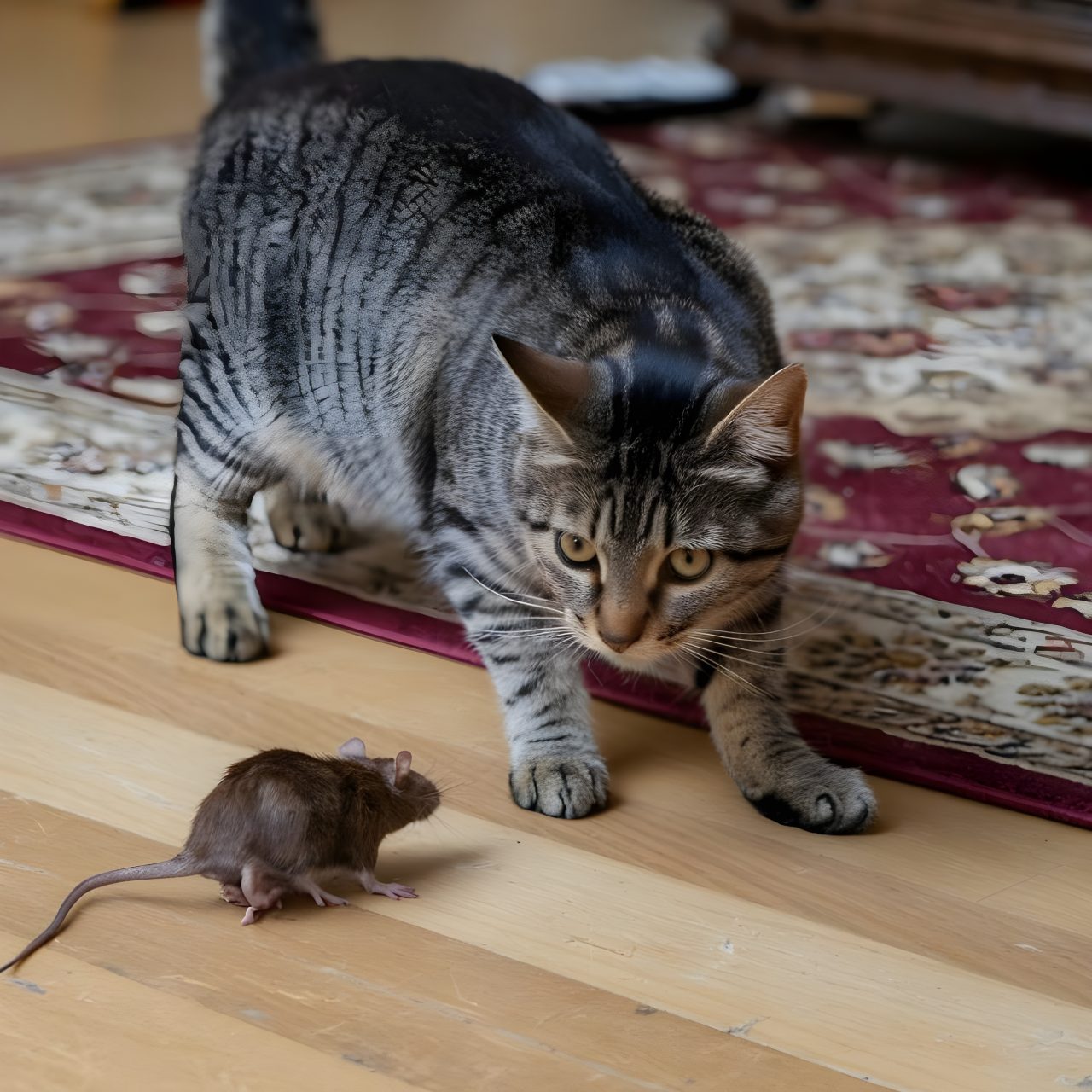 Chat Norvégien jouant avec une souris robot interactive