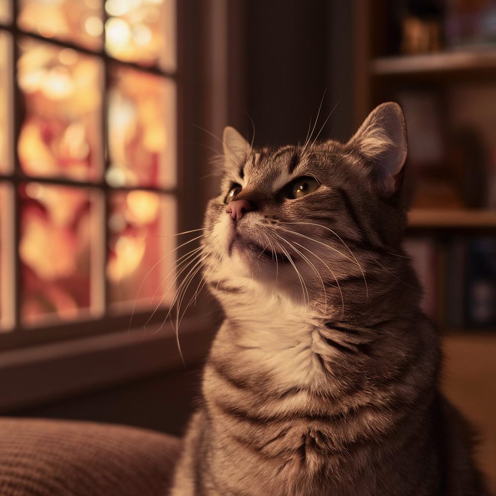 Chat Norvégien observant son environnement depuis un canapé, avec sa fourrure abondante visible.