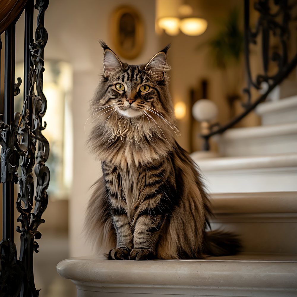 Un Maine Coon et un Norvégien observent leur environnement depuis le salon, illustrant la comparaison entre ces deux races.