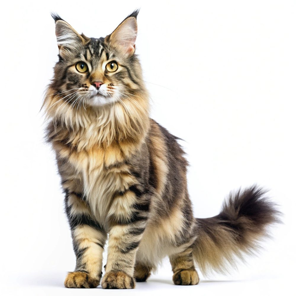 Chat Norvégien à poil long assis sur un tapis, illustrant le gabarit d’un adulte.