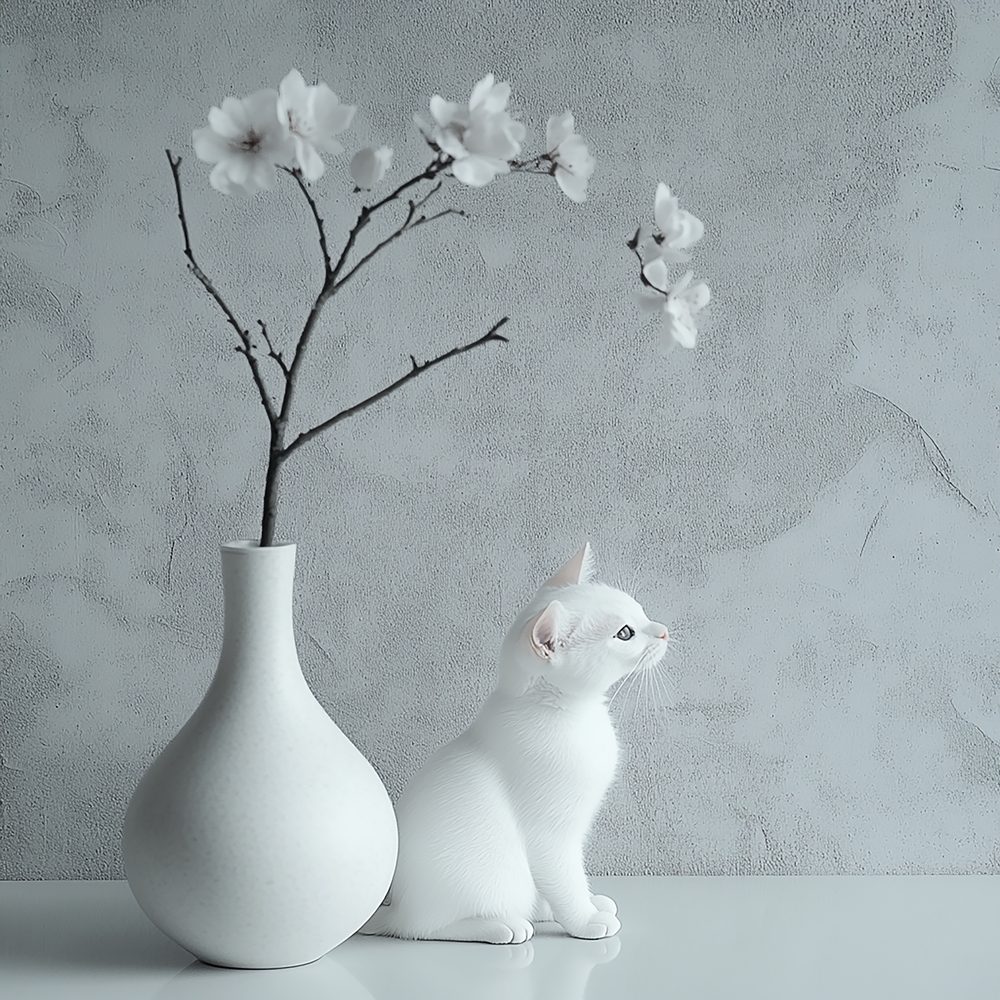 Chat jouant avec du matatabi, les yeux grands ouverts et les oreilles dressées.