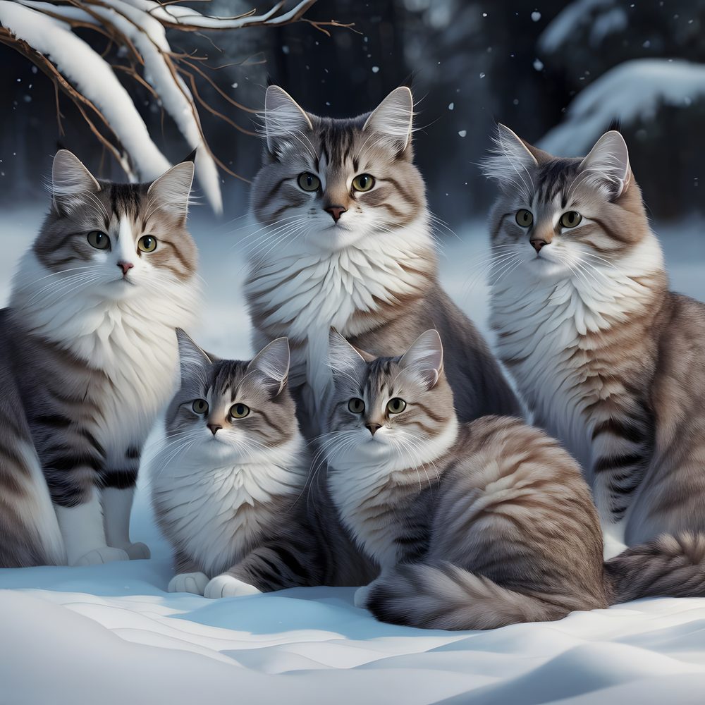 Groupe de chats Norvégiens affichant différentes robes, du blanc au roux et au tigré.