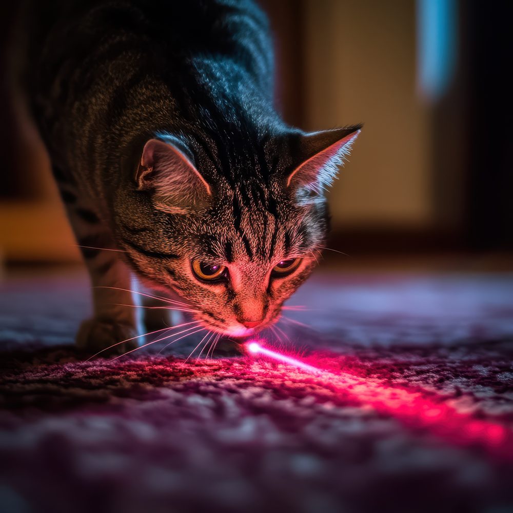 Jouet interactif en fonctionnement devant un chat laissé à la maison.