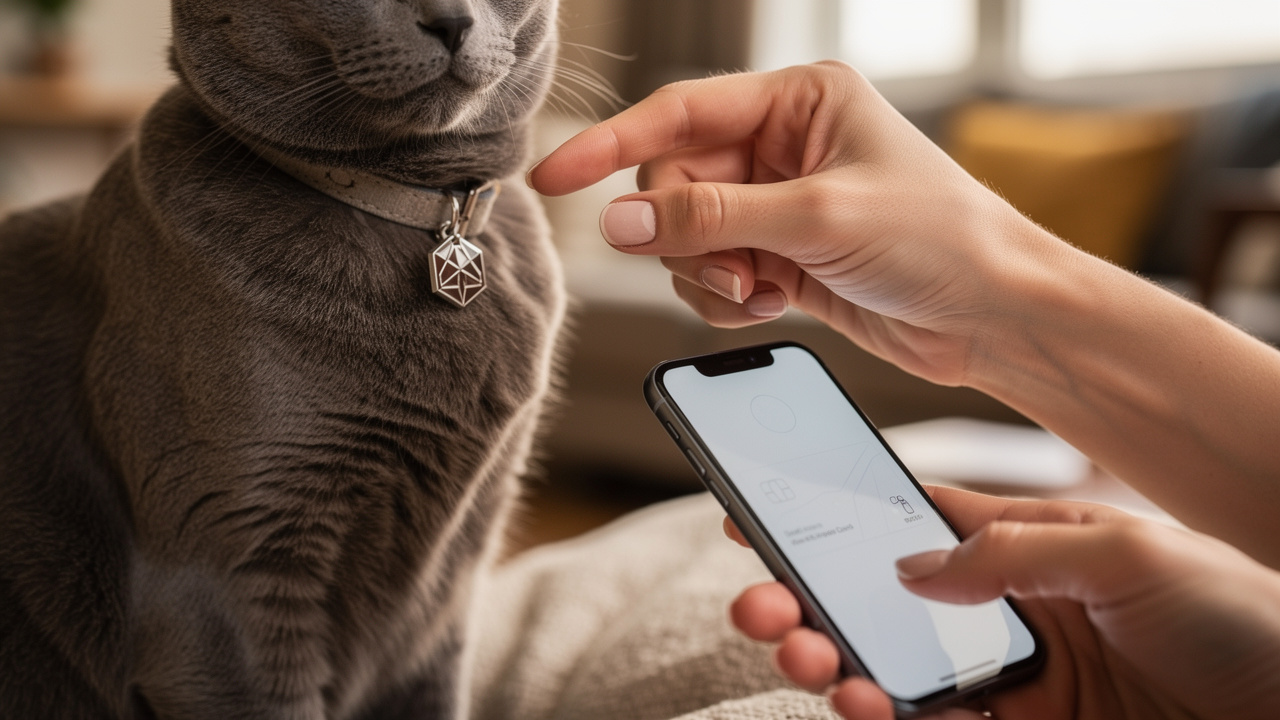 Gros plan d’une main scannant une médaille géométrique sur le collier d’un chat calme, avec un smartphone et une fiche de contact sans texte dans une ambiance rassurante.