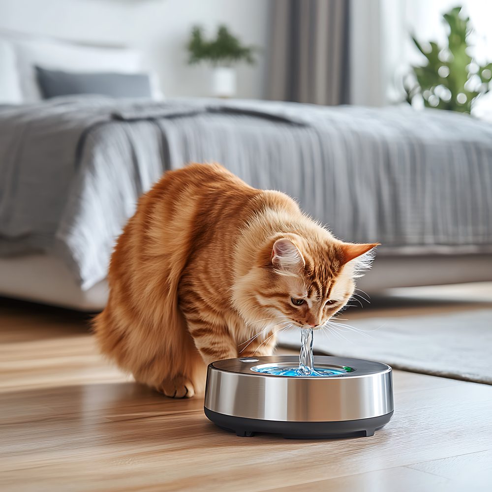 Un grand chat Norvégien s’hydrate dans un récipient bas adapté à sa taille.
